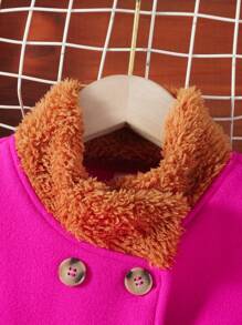 SHEIN Tween Girl Double Breasted Dual Pocket Contrast Fuzzy Overcoat