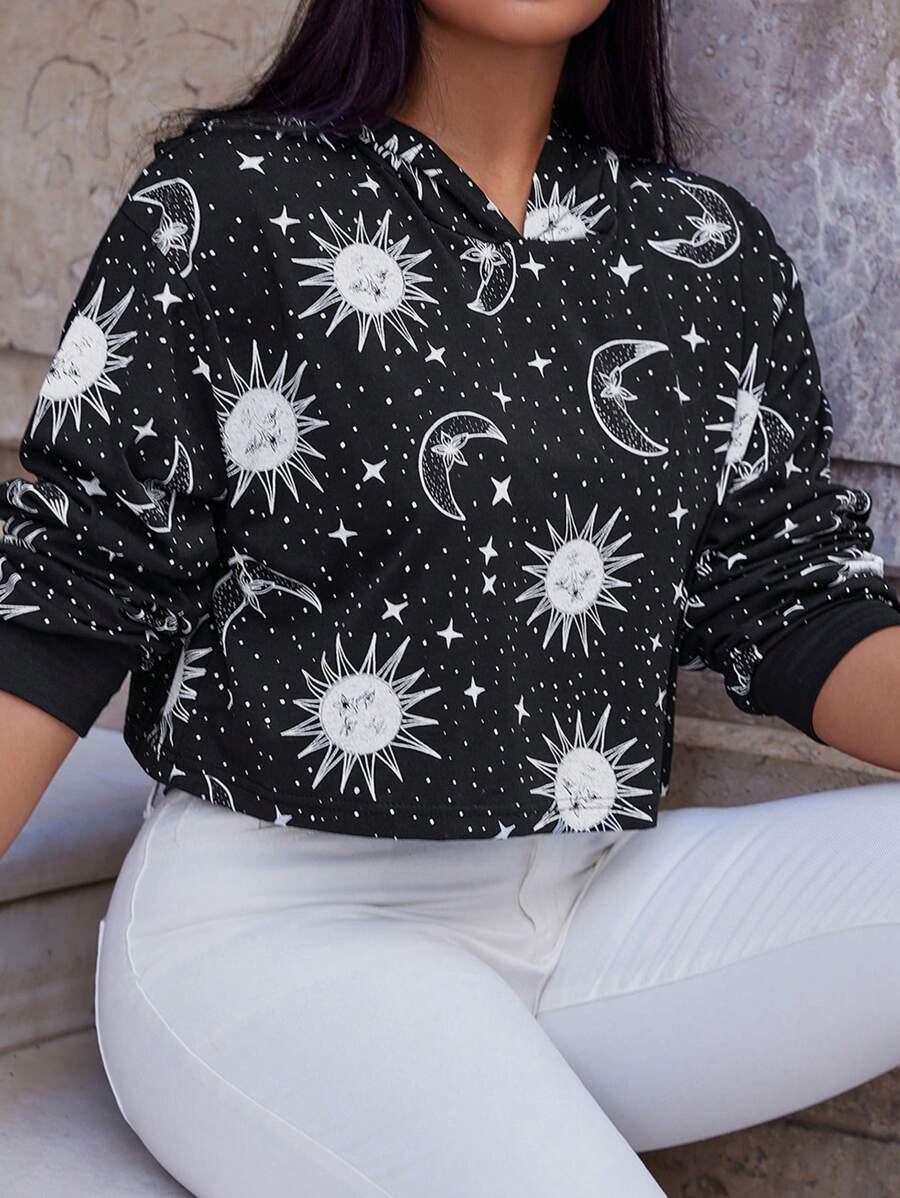RueChic Plus Sun & Moon Print Drop Shoulder Hoodie - Black - View 1