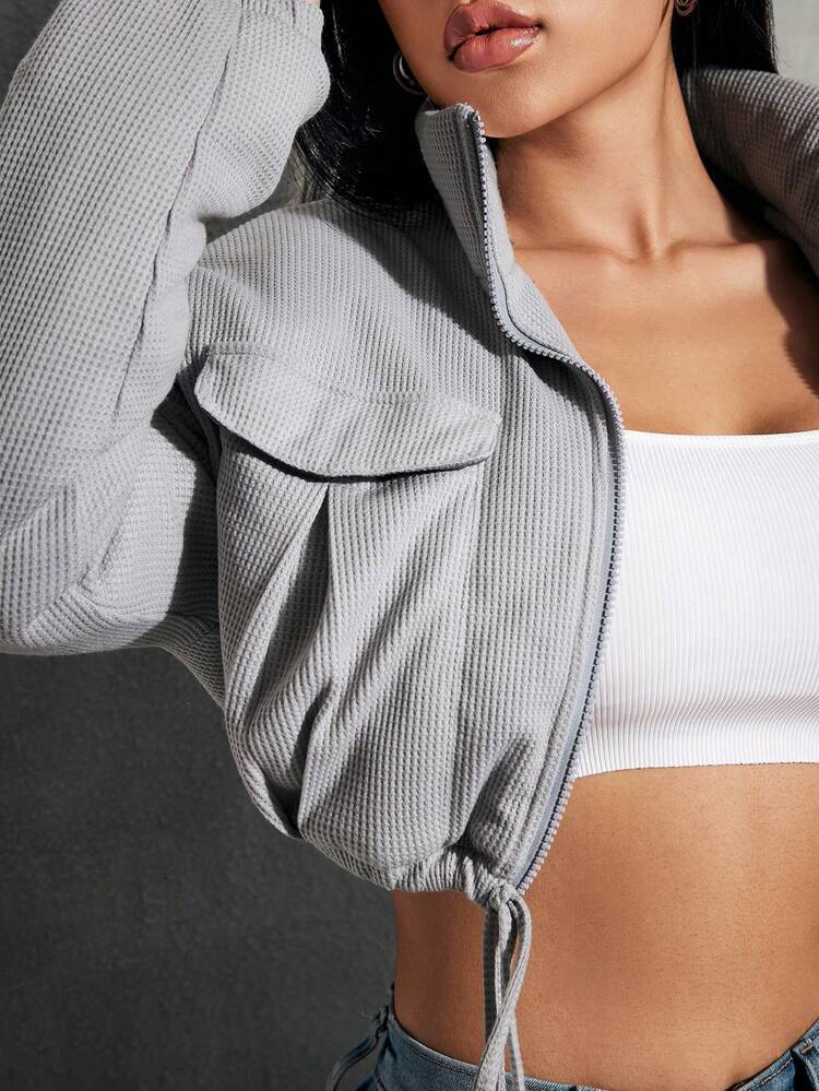 Flap Pocket Drop Shoulder Drawstring Hem Short Padded Padded Coat Clothes Winter Fall Cloth For Women