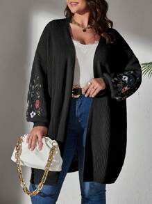 SHEIN CURVE+ Plus Size Floral Embroidery Drop Shoulder Cardigan - Black - View 6