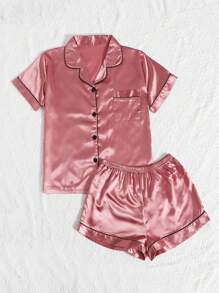LuxeNights Contrast Piping Satin PJ Set / Pajama Set, Fall Winter Clothes - Watermelon Pink - View 5