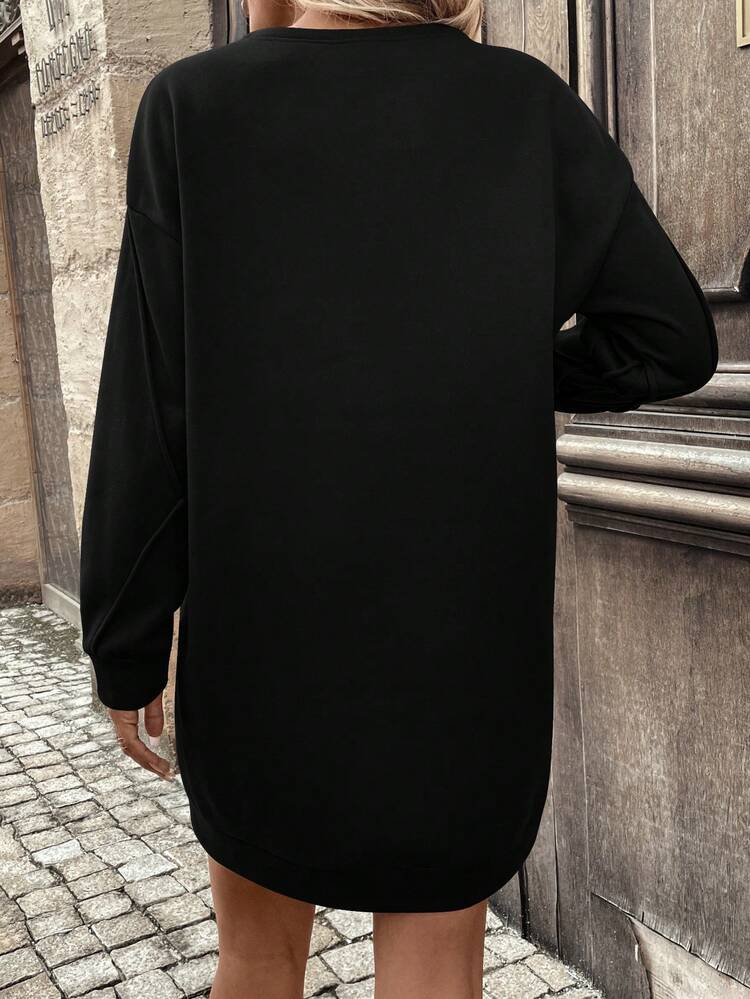 SHEIN LUNE 素色落肩接縫運動衫連身裙 - 黑色 - 查看 2