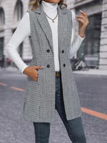 SHEIN Privé Plaid Double Breasted Vest Coat - Black and White - View 4
