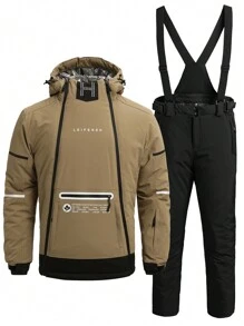 Men Letter Graphic Hooded Jacket & Overall Jumpsuit - Khaki - View 3