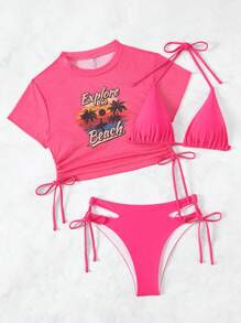 SHEIN Swim 夏季沙灘字母圖形束腰三角比基尼套裝，附有遮陽罩 - 粉色 - 查看 4