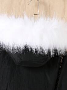 少女 1 件装 毛绒装饰 连帽 保暖 内衬 系带 棉服 外套 - 黑色 - 查看 5