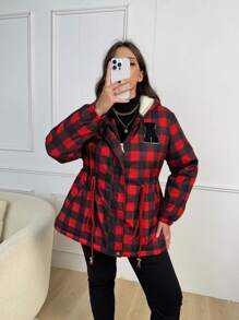 SHEIN LUNE Plus Size Buffalo Plaid Print Drawstring Waist Hooded Padded Coat - Multicolor - View 5
