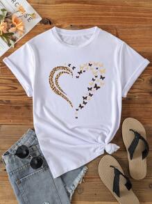 SHEIN EZwear Plus Heart And Butterfly Print Tee - White - View 1
