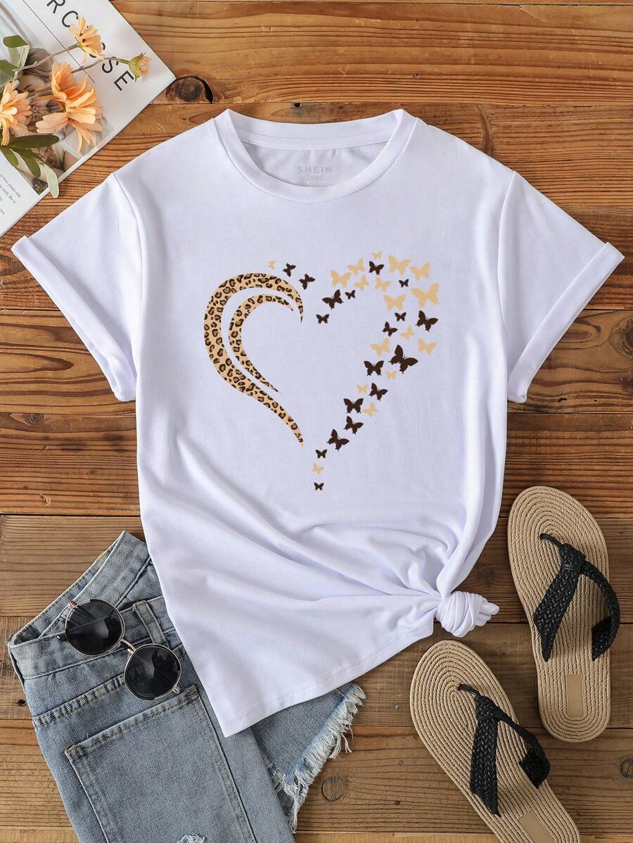 SHEIN EZwear Plus Heart And Butterfly Print Tee - White - View 1