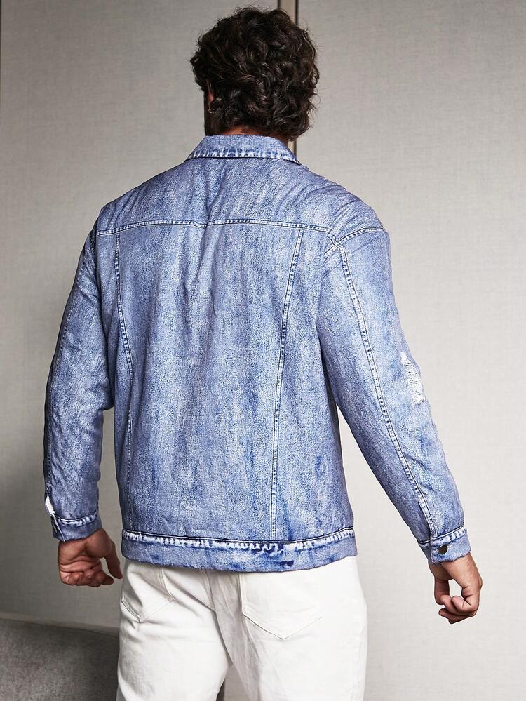 Men Distressed Flap Pocket Teddy Lined Jacket