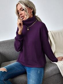SHEIN LUNE Funnel Neck Drop Shoulder Waffle Knit Tee - Purple - View 4