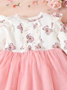 Đứa bé gái In Gấu Viền Ruffle Lưới Hem Đầm - Nhiều màu - Xem 4