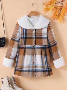 SHEIN Cô gái Tween In kẻ sọc Cổ áo Borg Lót nhiệt Áo khoác - Nhiều màu - Xem 8