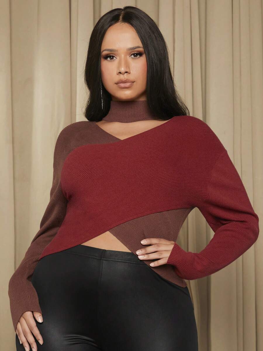 SHEIN SXY 大碼雙色交叉套頭毛衣 - 彩色 - 查看 1