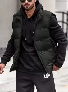 Manfinity 1pc Loose Fit Men's Zip Up Puffer Vest Coat - Black - View 6