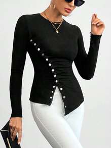 SHEIN Privé Nút phía trước Viền không đối xứng Áo thun - màu đen - Xem 3