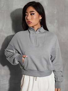 SHEIN Unity Áo nỉ cổ lửng tay trễ vai, kiểu dáng mùa thu. - Xám - Xem 4