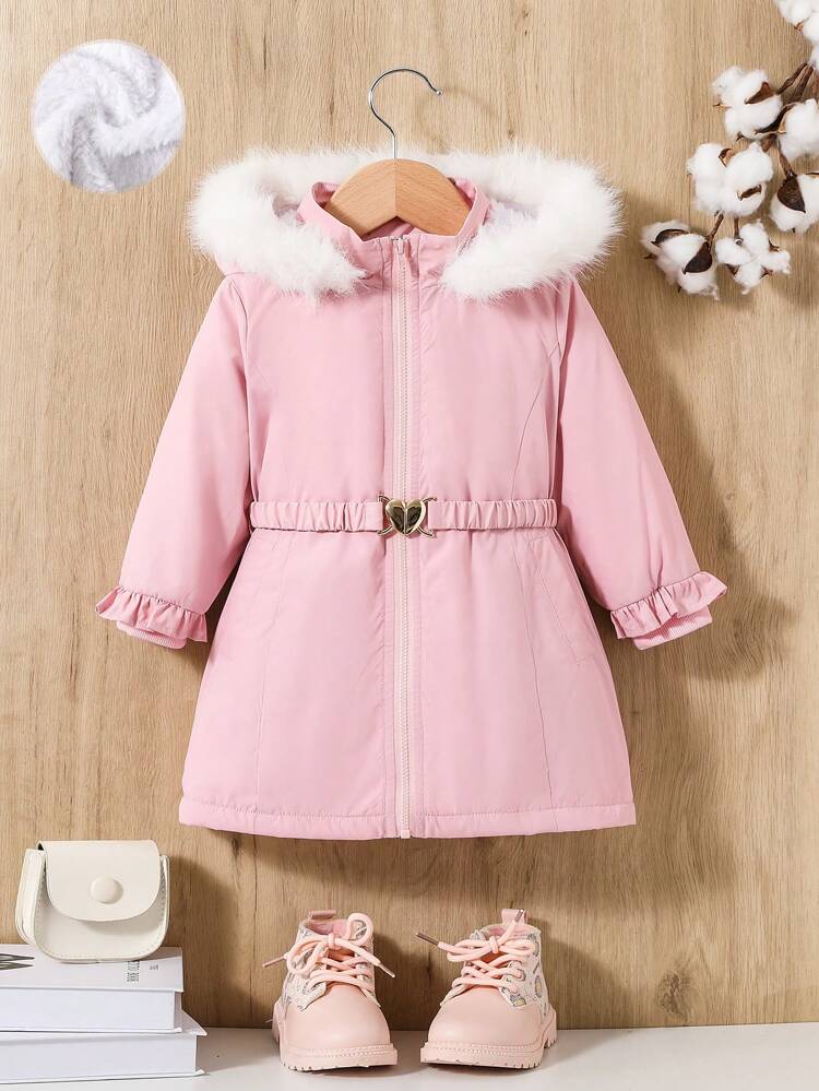 Baby Girl Fuzzy Trim Hooded Belted Coat