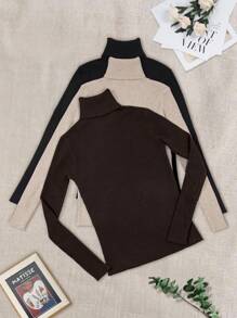 SHEIN LUNE 3pcs Solid High Neck Ribbed Knit Knit Pullover Fall Winter Sweater - Multicolor - View 1
