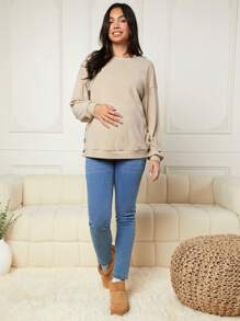 SHEIN Maternity Drop Shoulder Nursing Sweatshirt - Khaki - View 3