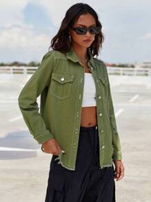SHEIN EZwear Ripped Raw Hem Denim Jacket - Army Green - View 4