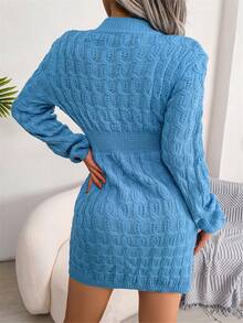 Solid Cable Knit Sweater Dress - Blue - View 2