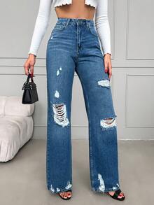 SHEIN Cottnline Ripped Wide Leg Jeans - Medium Wash - View 6