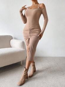 SHEIN Privé Vestido ajustado de cuello asimétrico con diseño de cadena con cordón delantero - Caqui - Ver 6