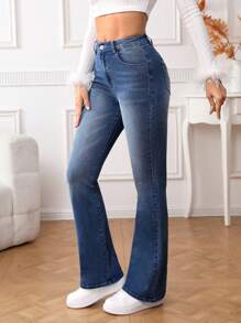 SHEIN Essnce Butterfly Embroidery Flare Leg Jeans - Medium Wash - View 6