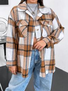 Flirla 大碼格紋印花落肩袖翻蓋口袋襯衫 - 彩色 - 查看 6