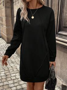 SHEIN LUNE 素色落肩接縫運動衫連身裙 - 黑色 - 查看 1