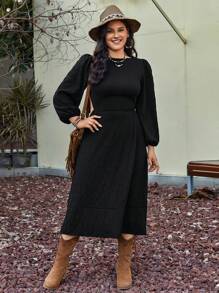 SHEIN VCAY Plus Solid Bishop Sleeve A-line Dress - Black - View 4