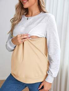 SHEIN 孕婦哺乳細節撞色運動衫 - 卡其色 - 查看 5