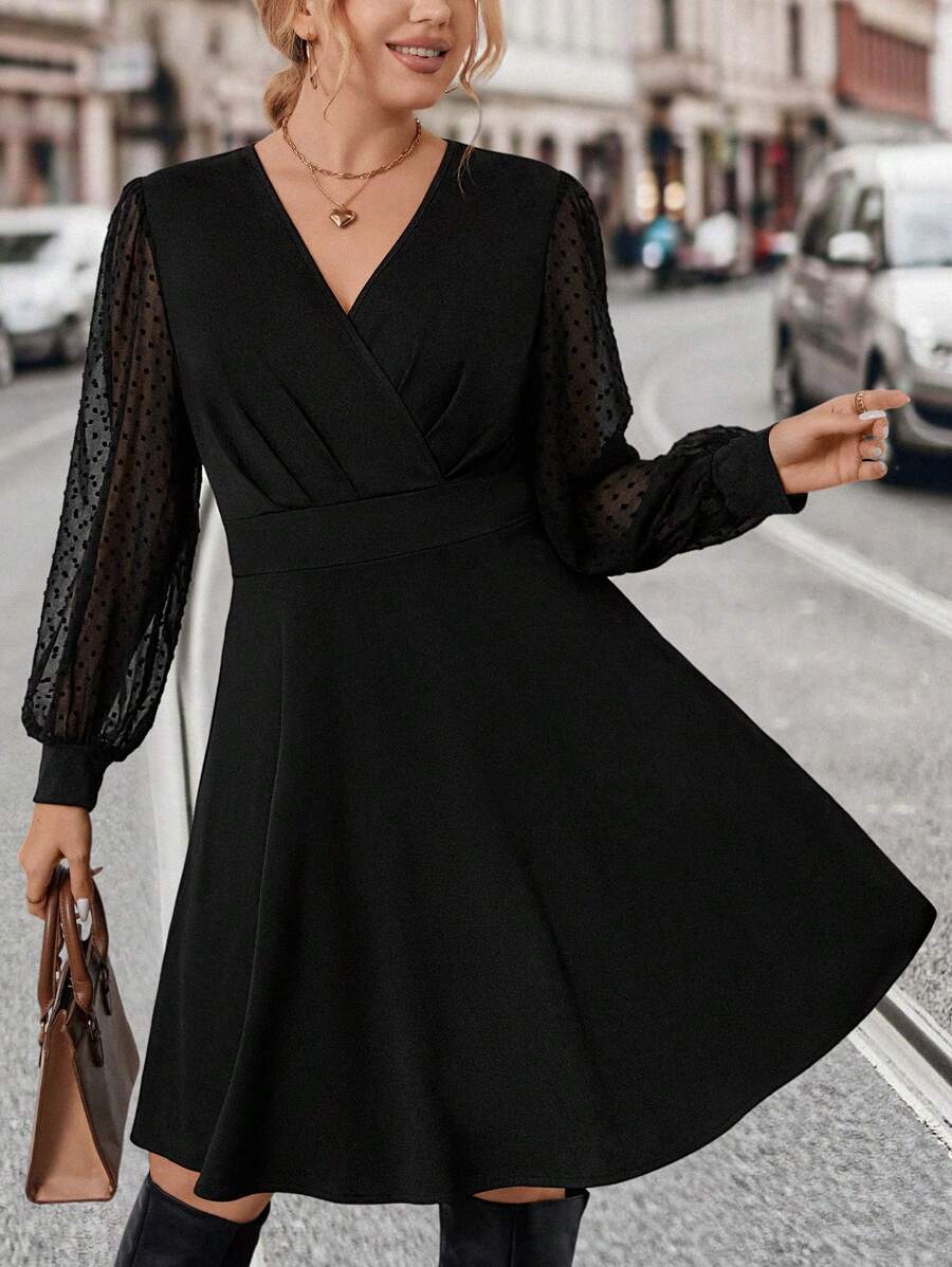 SHEIN LUNE Plus Contrast Mesh Lantern Sleeve Overlap Collar Dress - Black - View 1