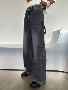 DAZY High Waist Cargo Jeans - Dark Grey - View 5