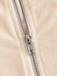 SHEIN EZwear Off Shoulder Fuzzy Cuff Zip Up Crop Top - Apricot - View 4