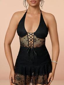 前繫帶荷葉邊網紗掛脖洋裝 - 黑色 - 查看 3