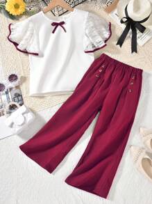 SHEIN Tween Girl Contrast Lace Bow Front Butterfly Sleeve Tee & Wide Leg Pants - Burgundy - View 7