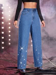 高腰潑墨圖案闊腿牛仔褲 - 中等水洗藍 - 查看 8