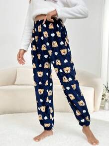 Bear Print Flannel Sleep Pants Pajama Pants - Blue - View 3