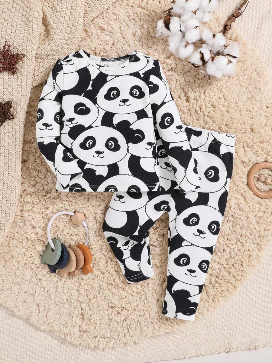 SHEIN Leap Crew 2pcs Baby Boy Cute Panda Patterned Long Sleeve Homewear Set