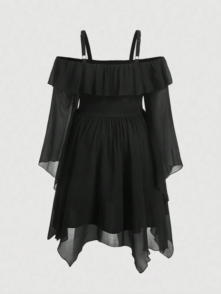 Plus Cold Shoulder Lace Up Front Ruffle Trim Asymmetrical Hem Dress