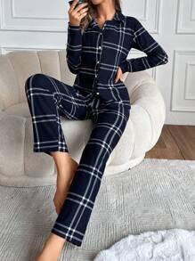 SHEIN Cottnline In kẻ sọc Bộ PJ - Màu xanh hải quân - Xem 1