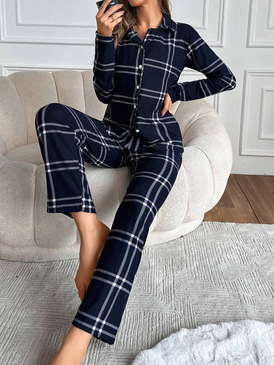 SHEIN Cottnline In kẻ sọc Bộ PJ - Màu xanh hải quân - Xem 1