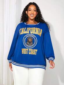 SHEIN CURVE+ 大碼字母圖案落肩袖運動衫 - 寶藍色 - 查看 4