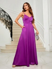 SHEIN Belle Túi ẩn Xa ten Váy Phù dâu Dây - Màu Hồng Tươi - Xem 6