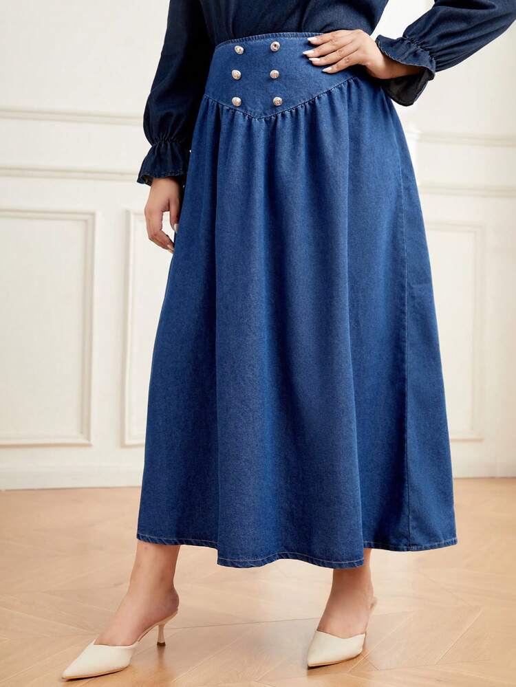 Plus Button Detail Denim Skirt