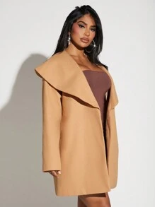 SHEIN SXY Waterfall Collar Open Front Overcoat - Camel - View 3