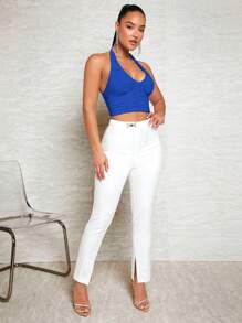 SHEIN BAE 素色褶邊露背繞頸短上衣 - 寶藍色 - 查看 3