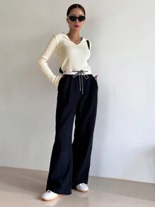 DAZY Chất rắn Đồ đan Ribbed Áo thun - Màu be - Xem 8